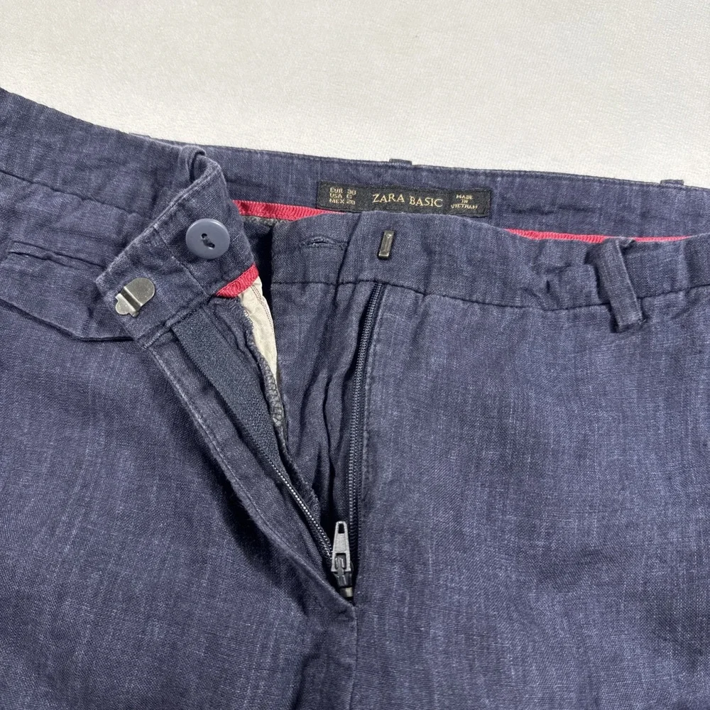 Zara Basic's Pants Women's Size 6 Navy Blue 100% Linen Minimalist Trousers‎